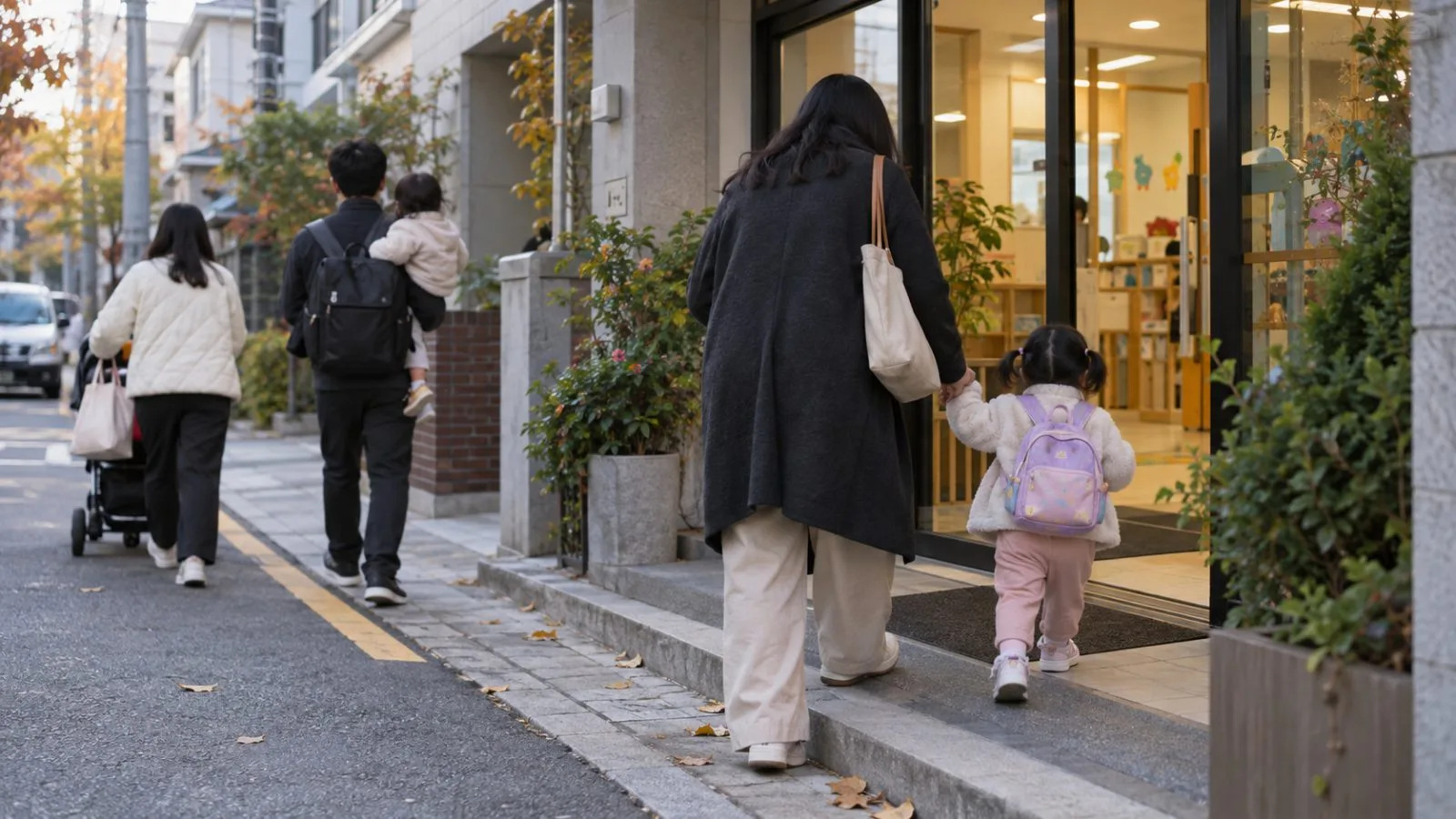 Adults arrive with toddlers outside a day care center in Seoul, South Korea. (AI-generated image / EconoTimes)