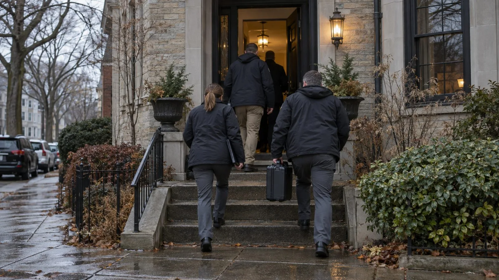 Investigators enter a Washington, D.C., residence during a federal search. (AI-generated image / EconoTimes)
