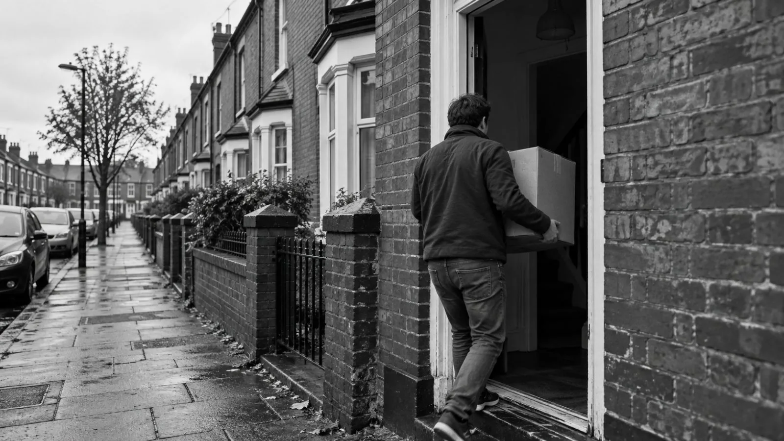 A person carries a moving box into a terraced house in Manchester, England. (AI-generated image / EconoTimes)