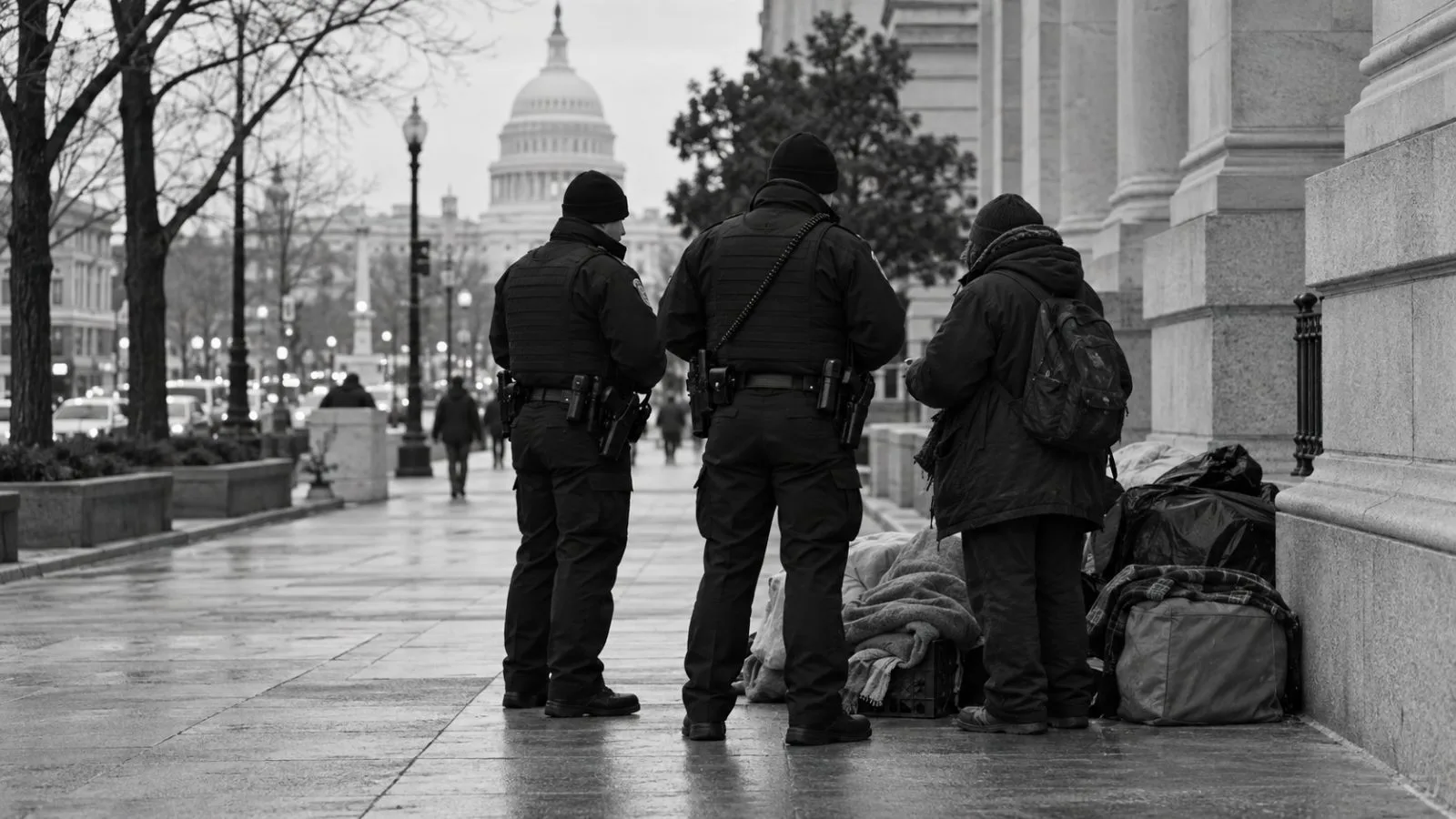 Uniformed officers speak with a person beside bundled belongings on a Washington sidewalk. (AI-generated image / EconoTimes)