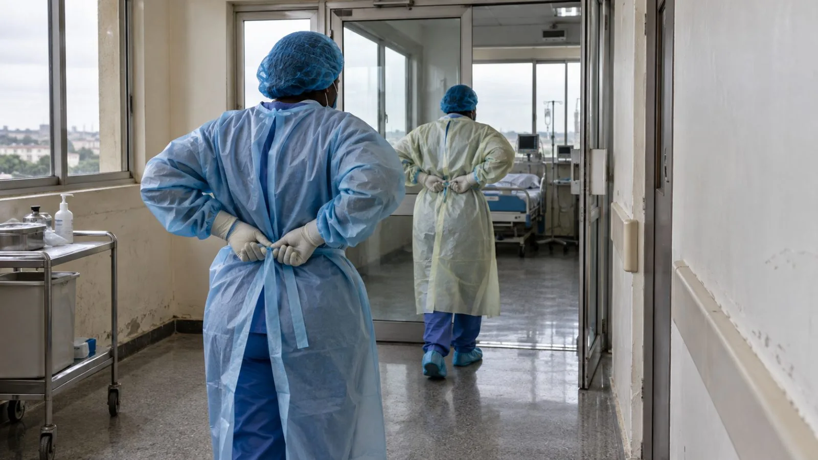 Health workers adjust protective gowns near an isolation room in Abuja, Nigeria. (AI-generated image / EconoTimes)