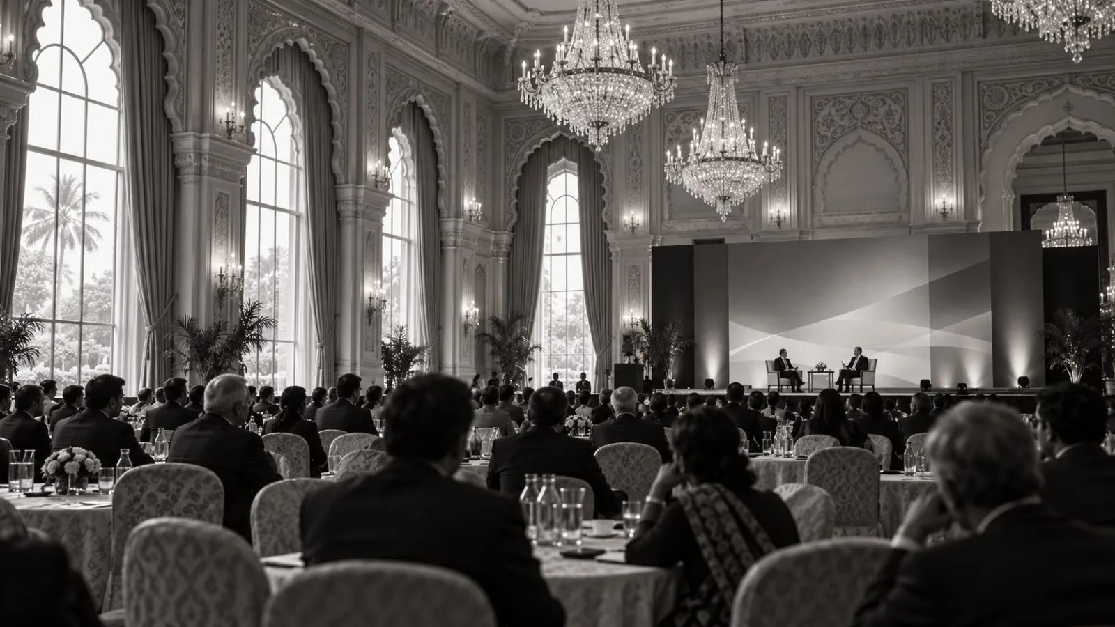 Attendees watch a summit discussion at the Taj Palace hotel in New Delhi. / EconoTimes.ai