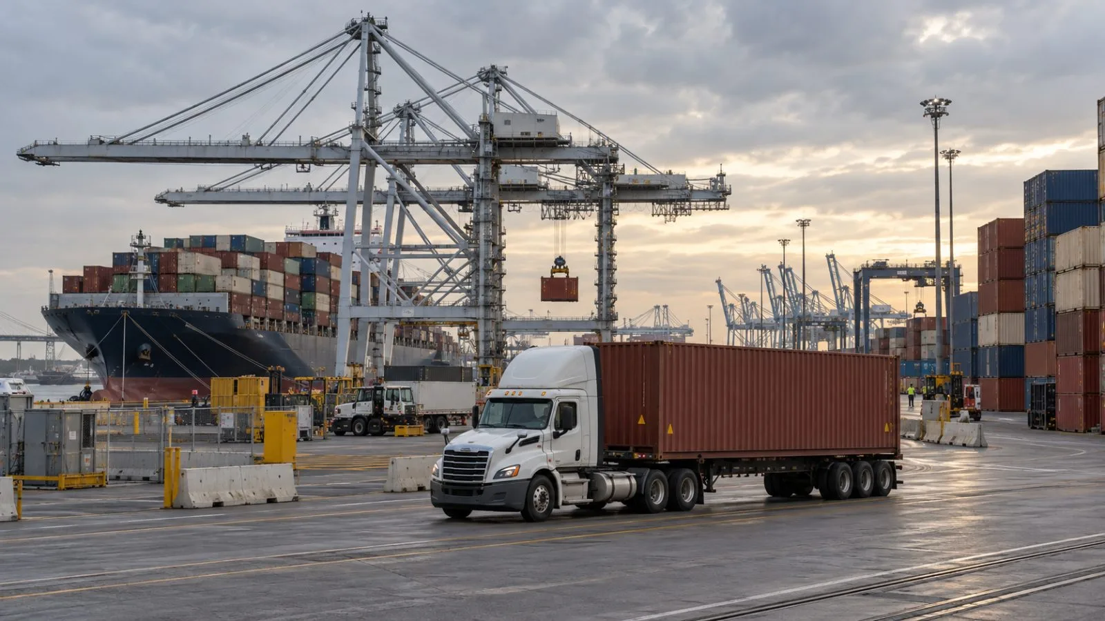 A container truck passes stacked cargo at the Port of Los Angeles, California. (AI-generated image / EconoTimes)