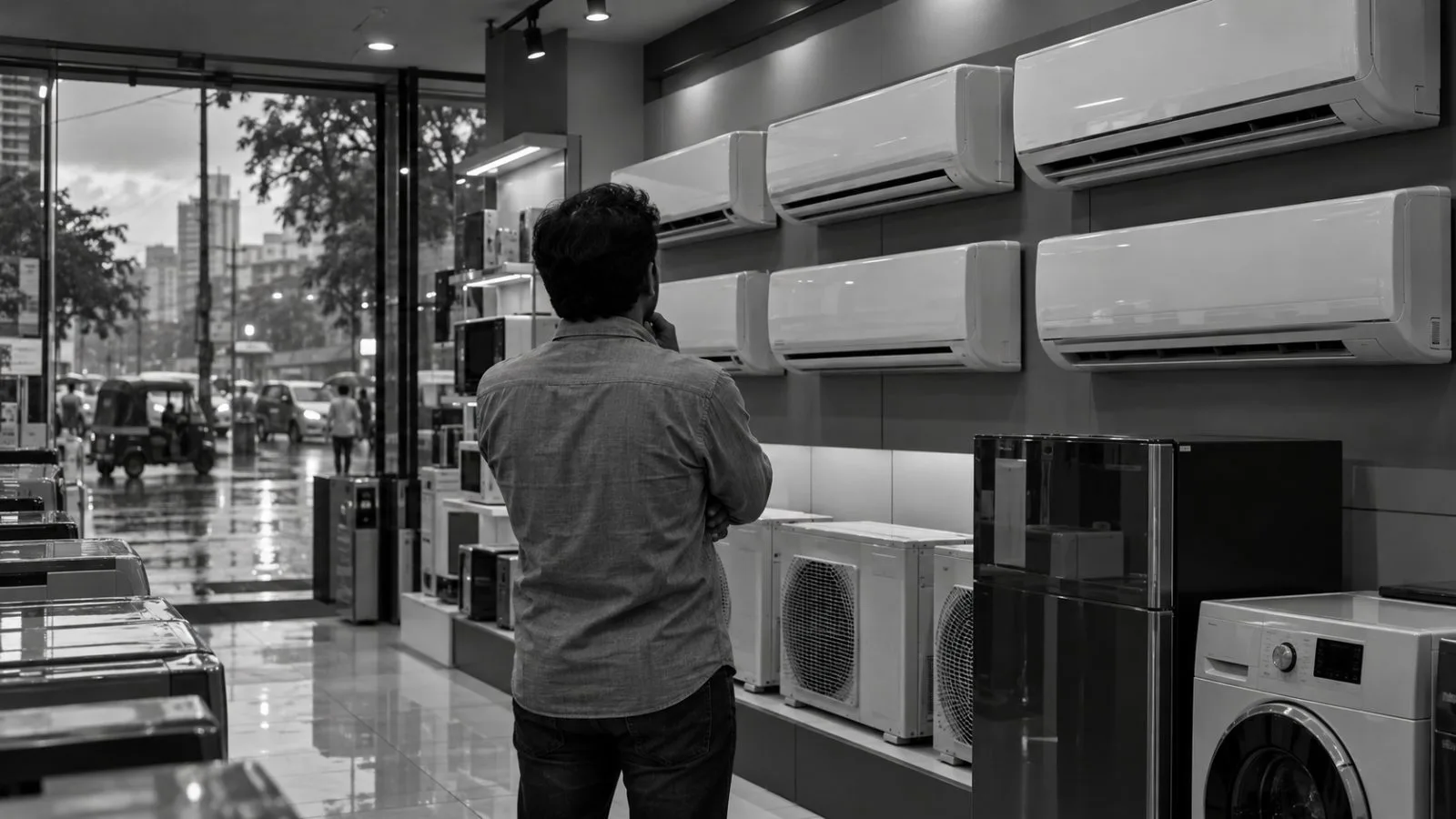Room air-conditioners line an appliance showroom in Mumbai as a shopper compares units. (AI-generated image / EconoTimes)