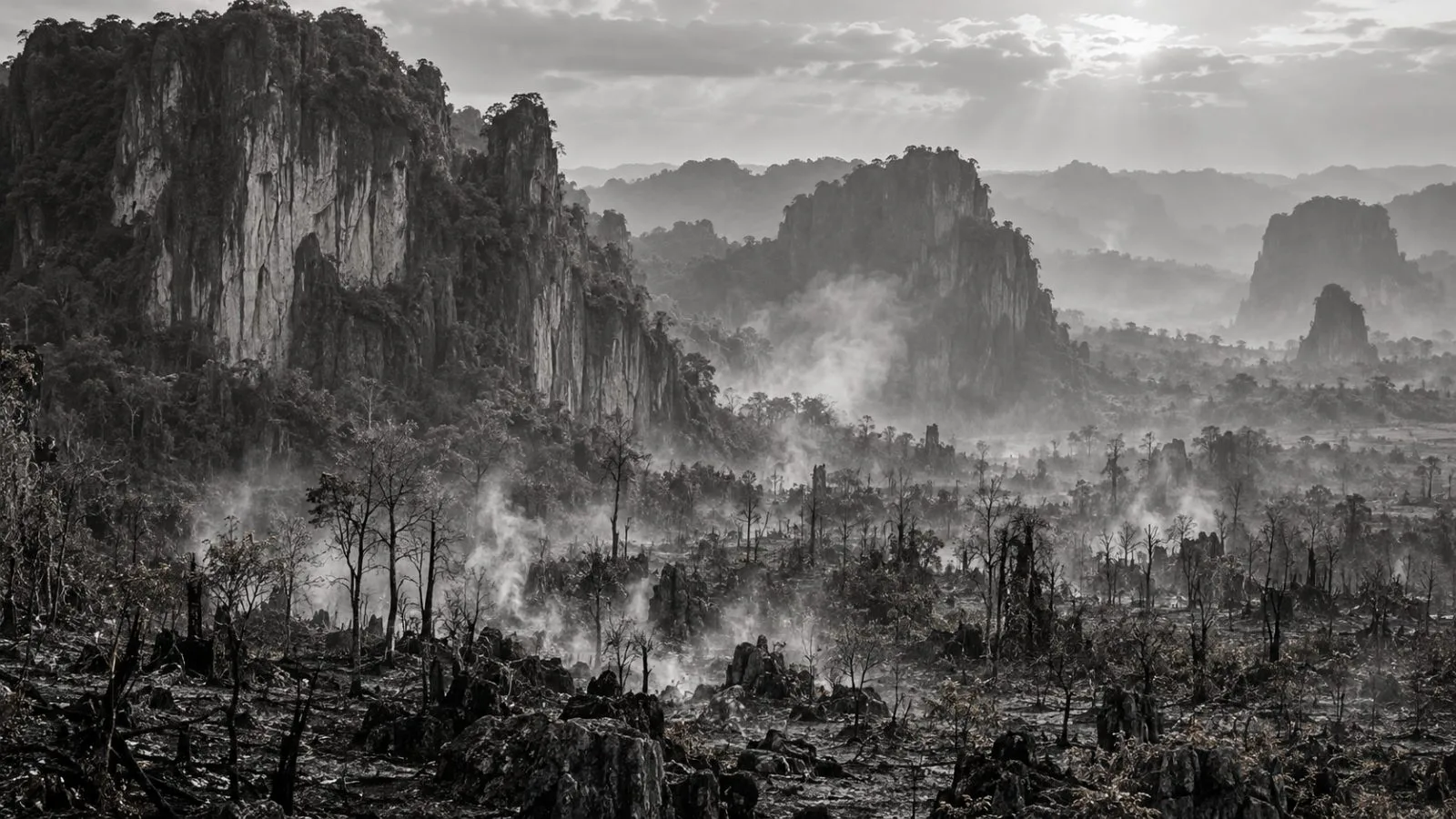 Smoke drifts above fire-scorched woodland near the Maros-Pangkep caves in South Sulawesi, Indonesia. (AI-generated image / EconoTimes)