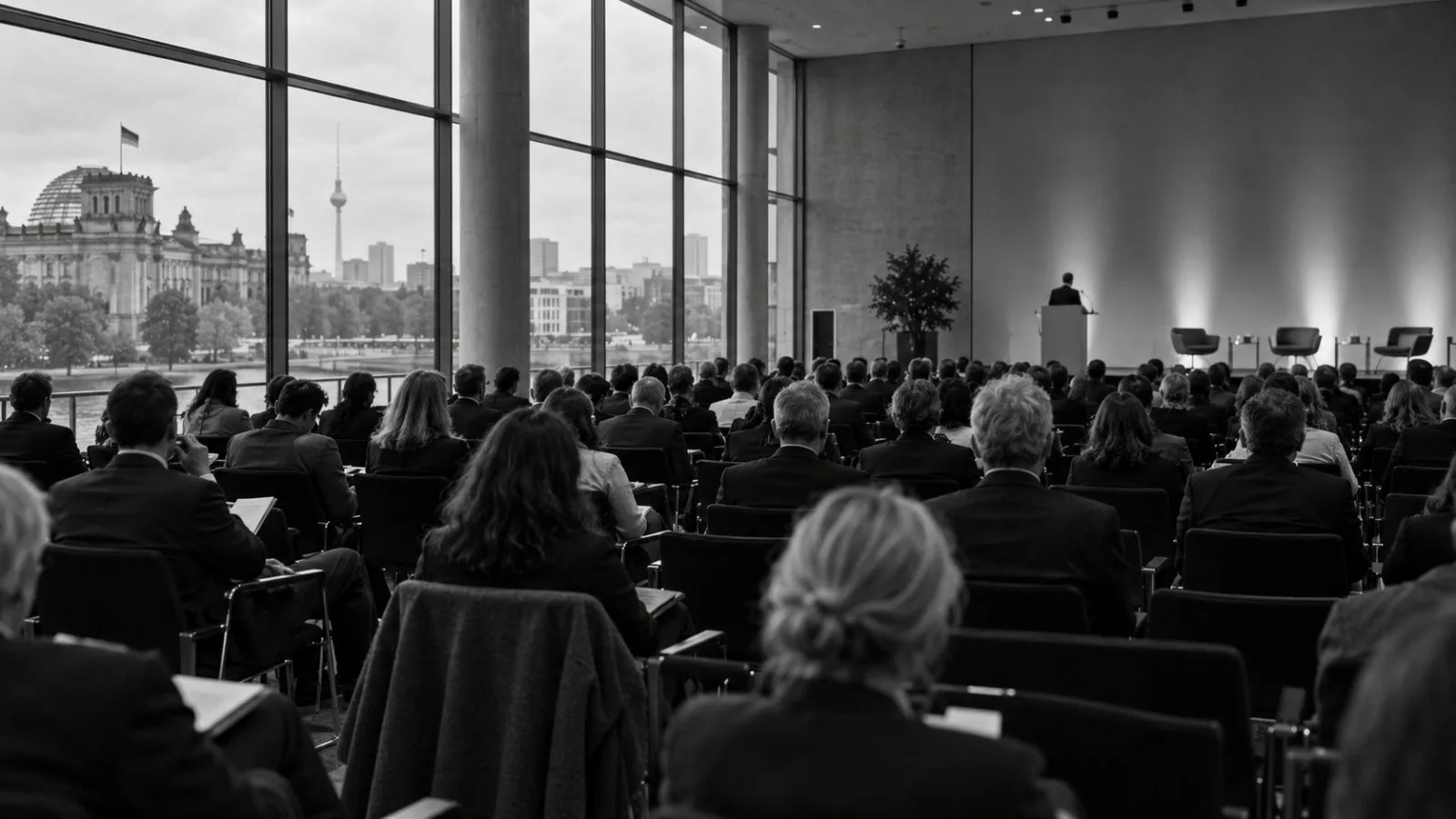 Delegates listen during a policy session at a conference hall in Berlin (AI-generated image / EconoTimes)