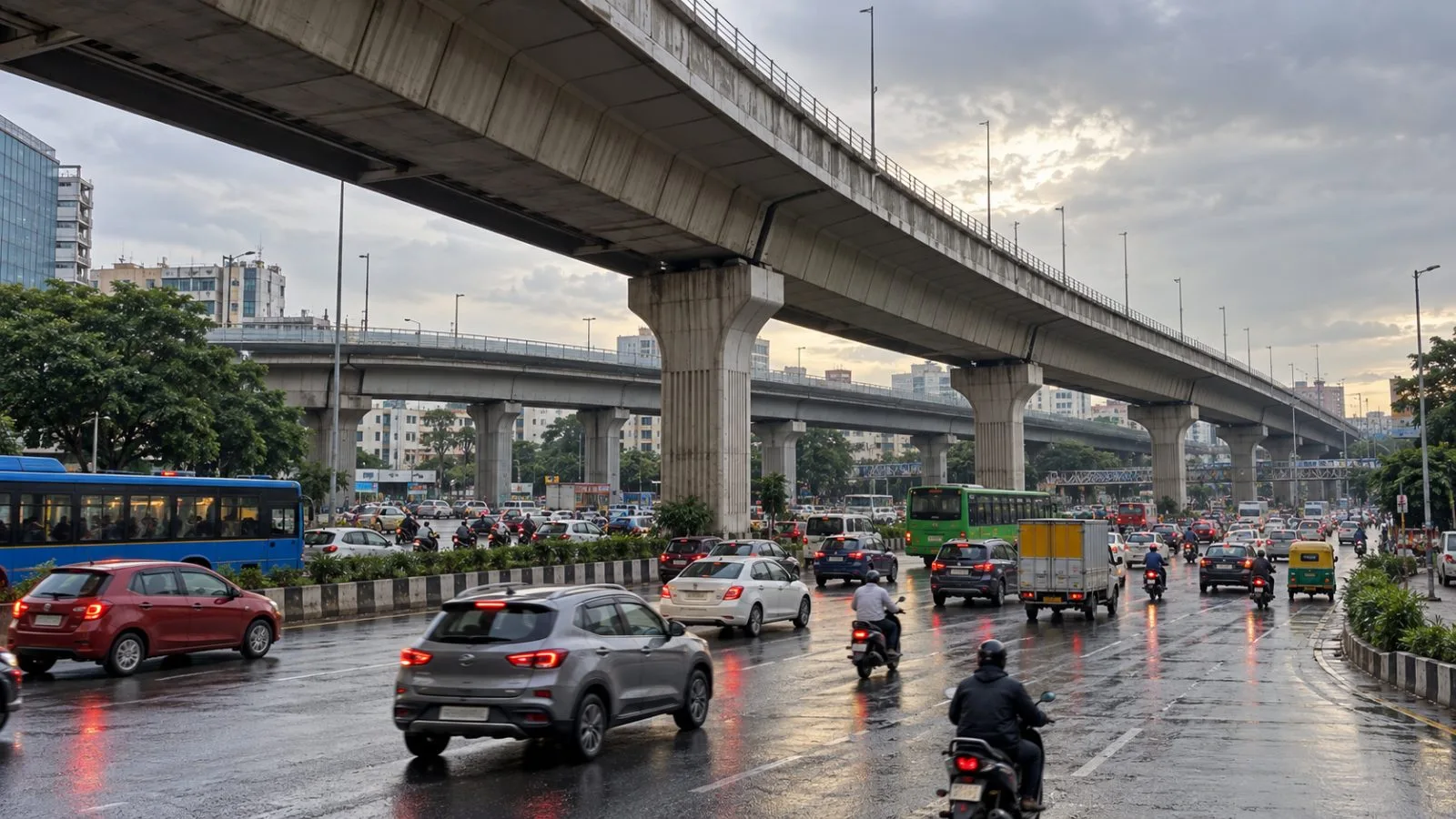 Vehicles travel beneath the elevated highway near Bengaluru’s Silk Board Junction, India (AI-generated image / EconoTimes)