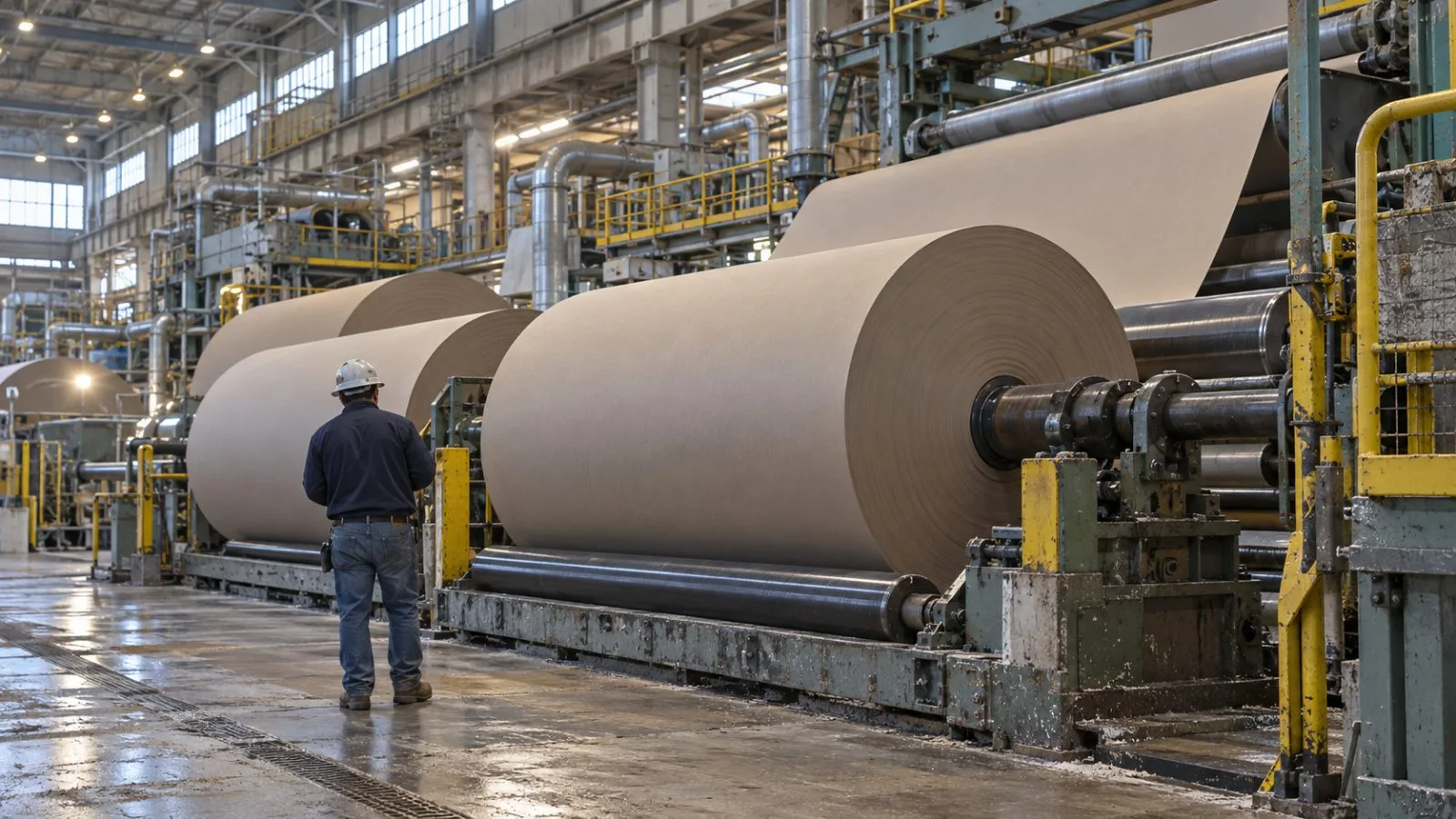 Recycled paperboard rolls move through a mill in Hartsville, South Carolina. (AI-generated image / EconoTimes)