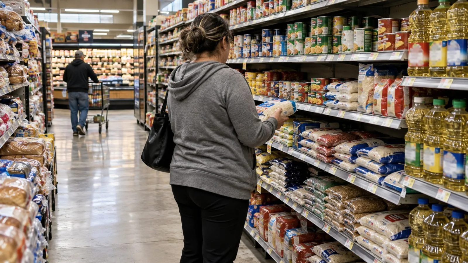 A shopper compares staple foods in a Houston, Texas, supermarket aisle. (AI-generated image / EconoTimes)