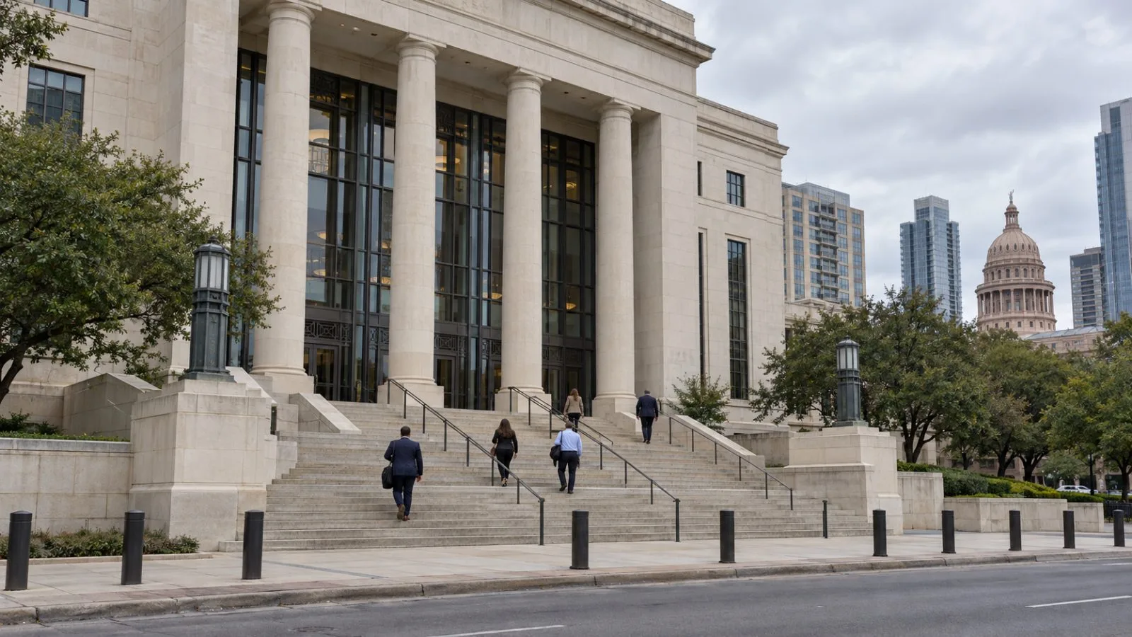 Visitors approach the federal courthouse in Austin, Texas, under overcast skies. (AI-generated image / EconoTimes)