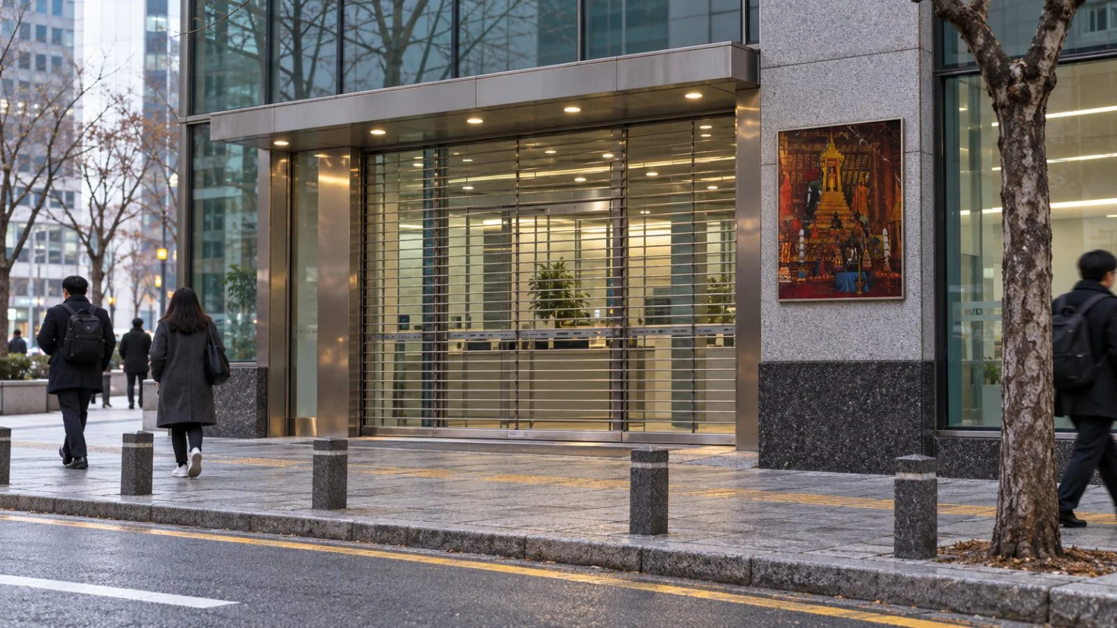 Pedestrians pass a glass office entrance in Seoul, South Korea, on an overcast afternoon. / EconoTimes.ai