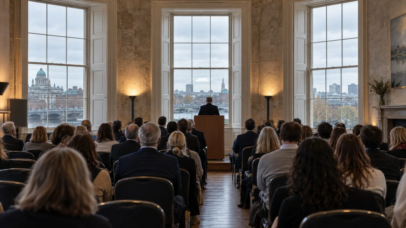Delegates listen during a security policy address at a conference venue in Dublin, Ireland (AI-generated image / EconoTimes)