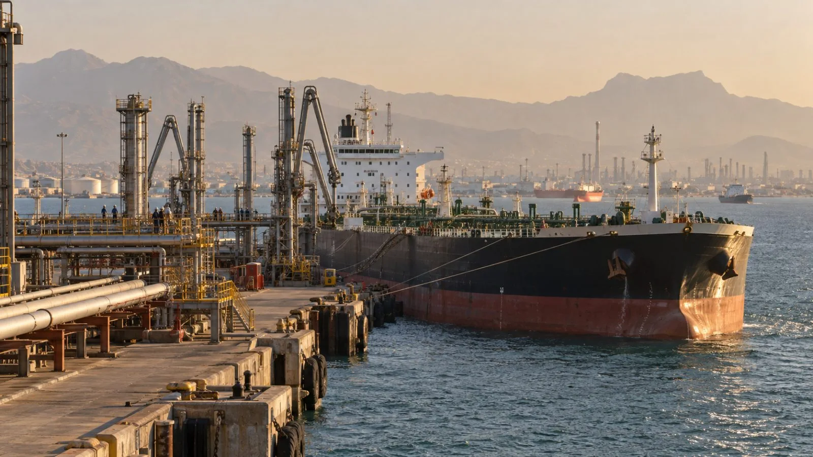 A fuel tanker sits beside loading pipes at a commercial terminal in Bandar Abbas, Iran (AI-generated image / EconoTimes)