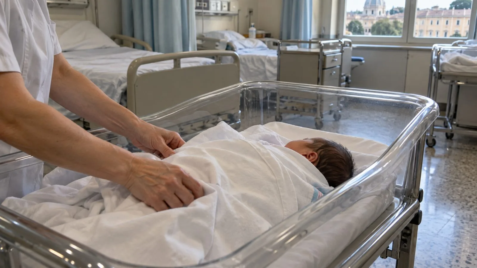 A newborn lies in a bassinet in a Rome maternity ward. (AI-generated image / EconoTimes)