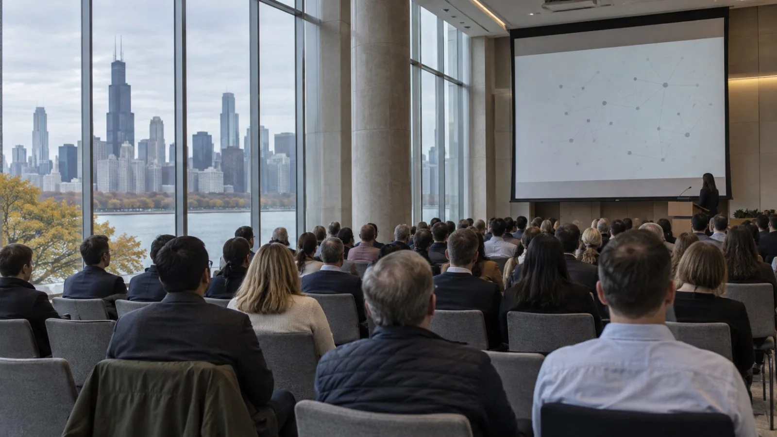 Attendees face a projection screen during a technology conference in Chicago, Illinois (AI-generated image / EconoTimes)