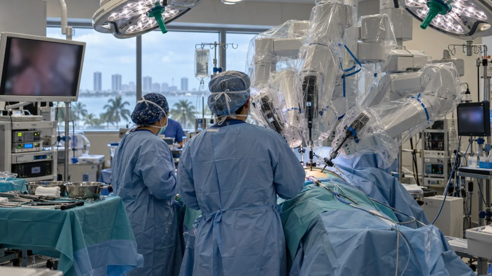 A robotic surgical arm stands beside an operating table at AdventHealth Minneola in Florida. (AI-generated image / EconoTimes)