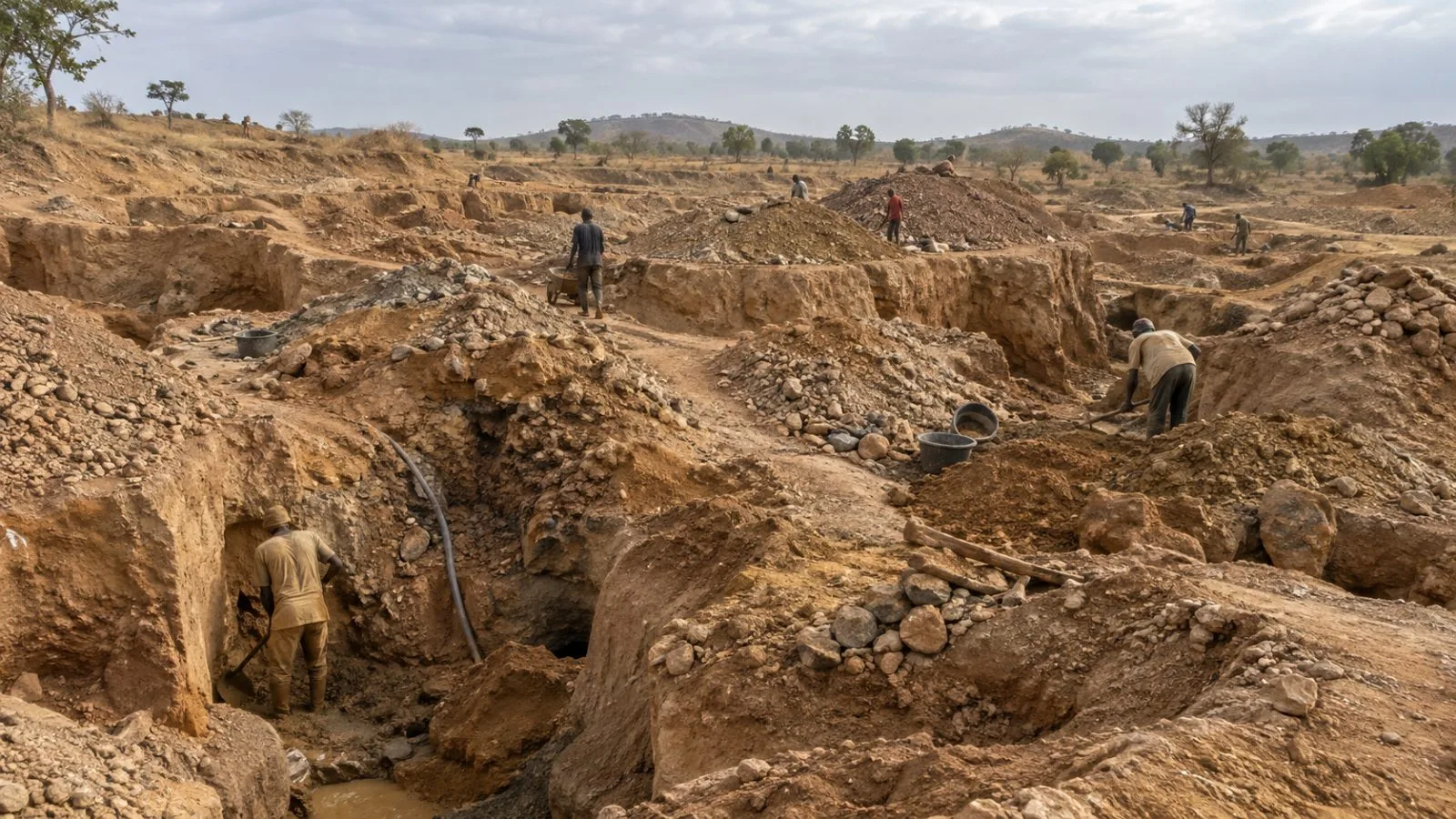 Artisanal miners work beside an excavated pit in Bindin, Zamfara State, Nigeria. (AI-generated image / EconoTimes)