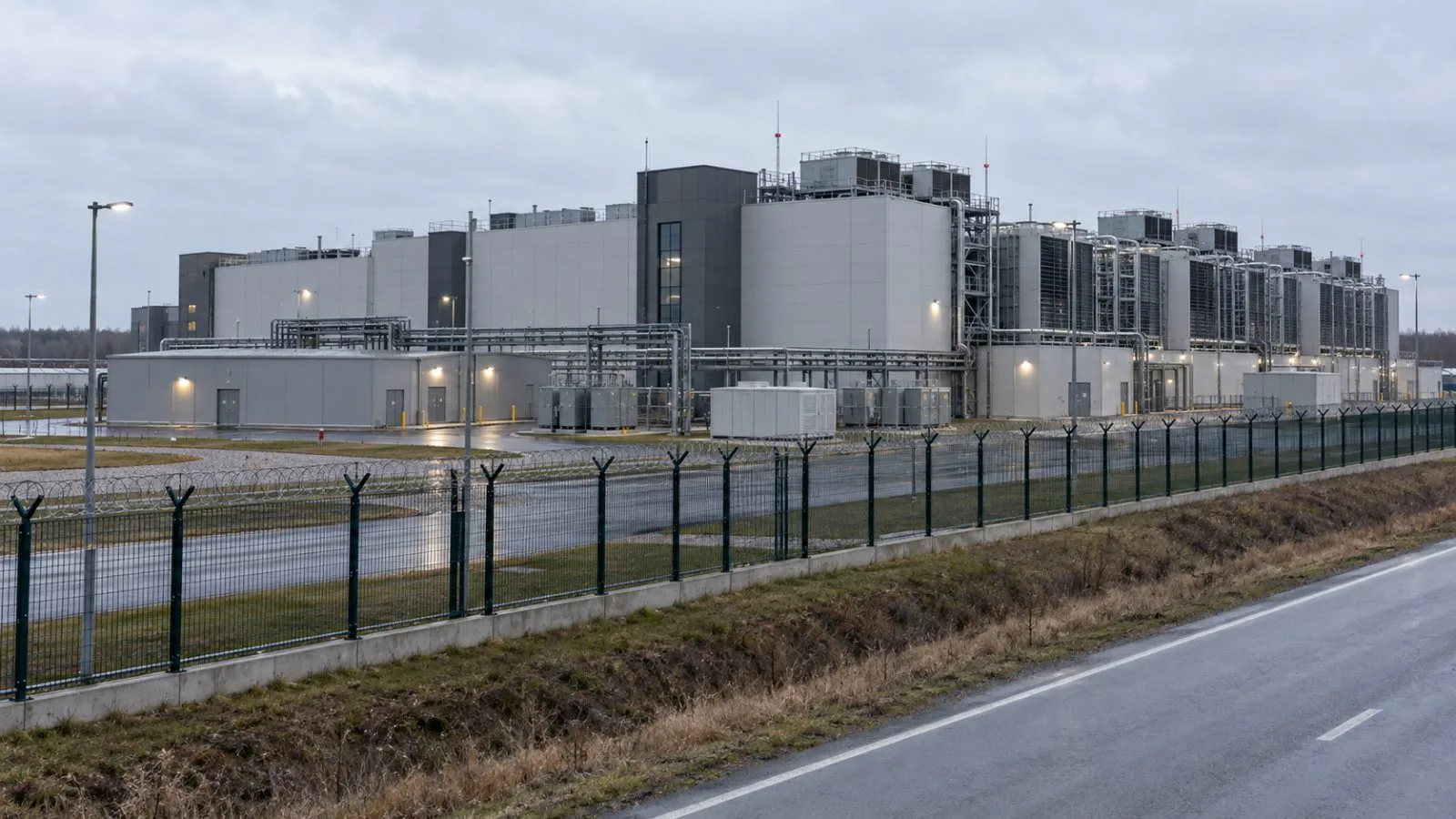 A perimeter fence surrounds a data center building in Sasovo, Russia. (AI-generated image / EconoTimes)