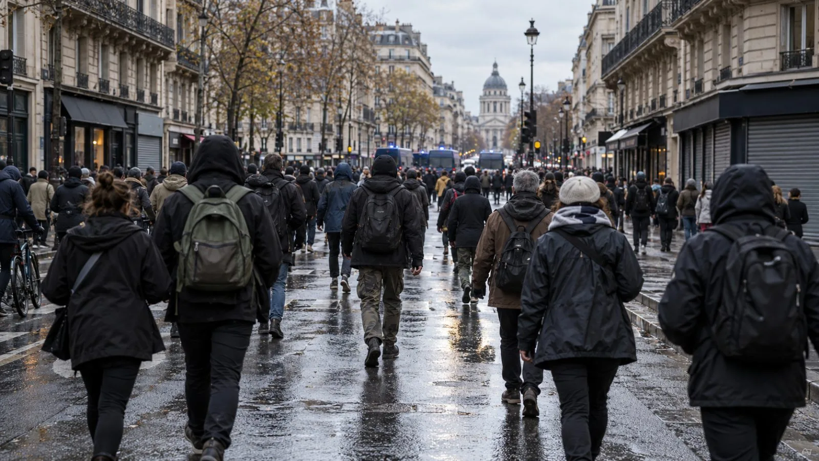 Demonstrators gather on a central Paris street during protests in France. (AI-generated image / EconoTimes)