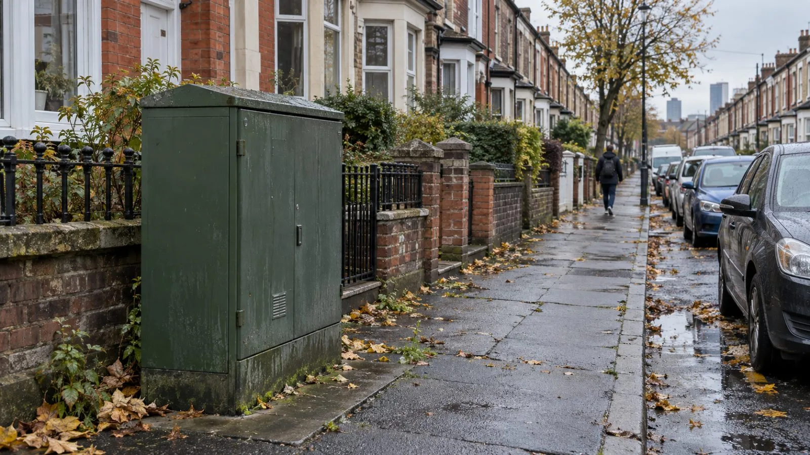A broadband cabinet stands beside terraced homes on a residential street in Manchester, England. (AI-generated image / EconoTimes)