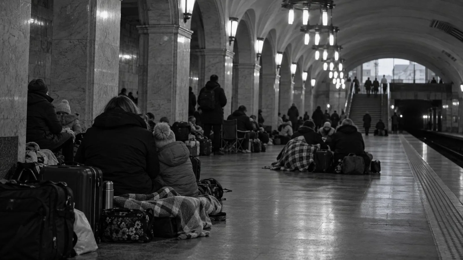 Families wait with bags on a Kyiv metro station platform during evening shelter. (AI-generated image / EconoTimes)