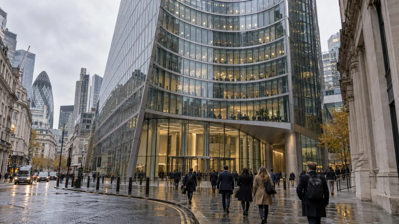 Office workers enter the Willis Building on Lime Street in London. (AI-generated image / EconoTimes)
