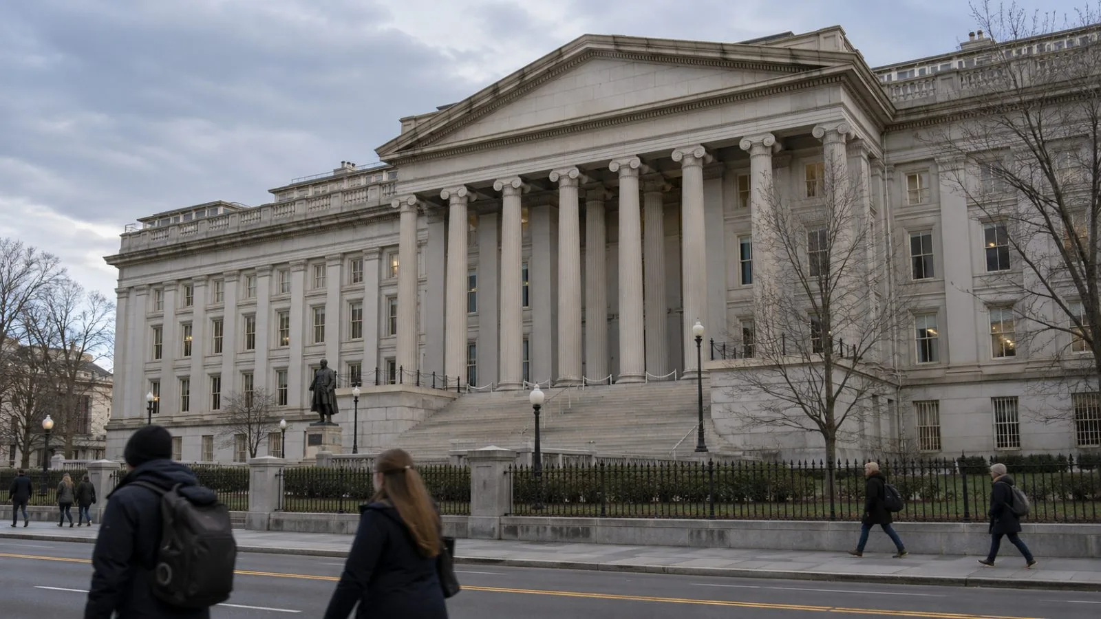 Pedestrians pass the U.S. Treasury building in Washington on an overcast afternoon. (AI-generated image / EconoTimes)