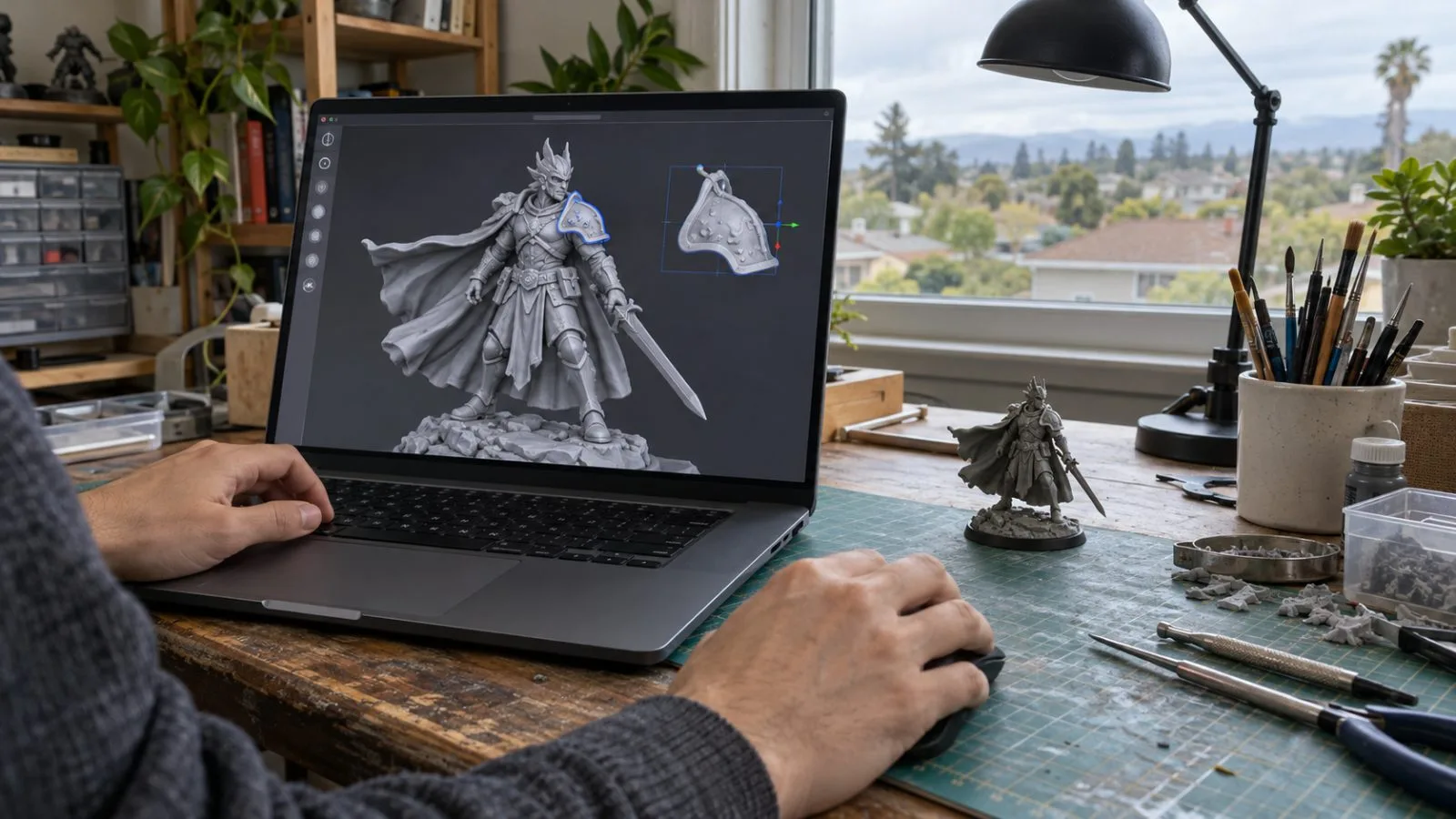 A creator’s hands adjust a miniature beside a modeling workstation in Sunnyvale, California. (AI-generated image / EconoTimes)