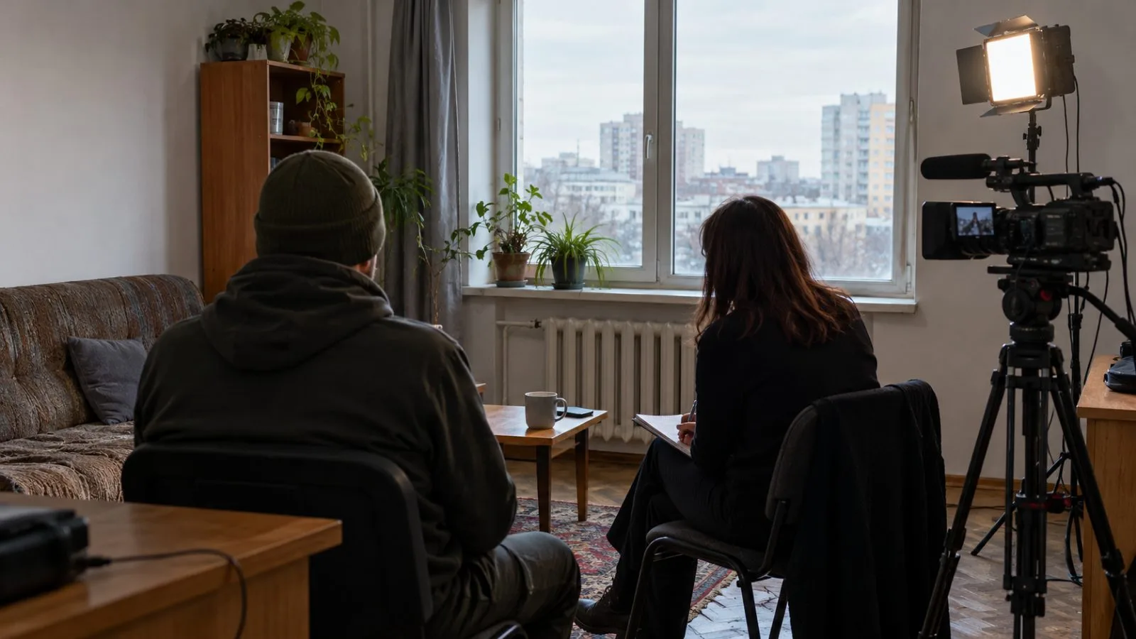 A video interview is recorded in Kyiv as two participants sit across a small table. (AI-generated image / EconoTimes)