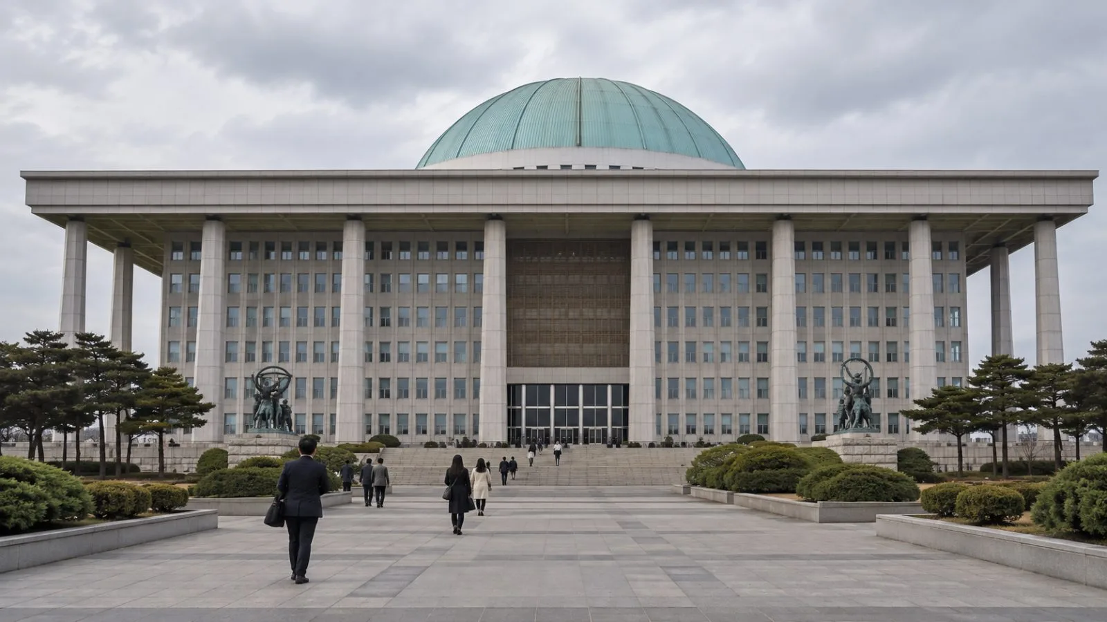 South Korea's National Assembly building stands on Yeouido in Seoul under cloudy skies. (AI-generated image / EconoTimes)