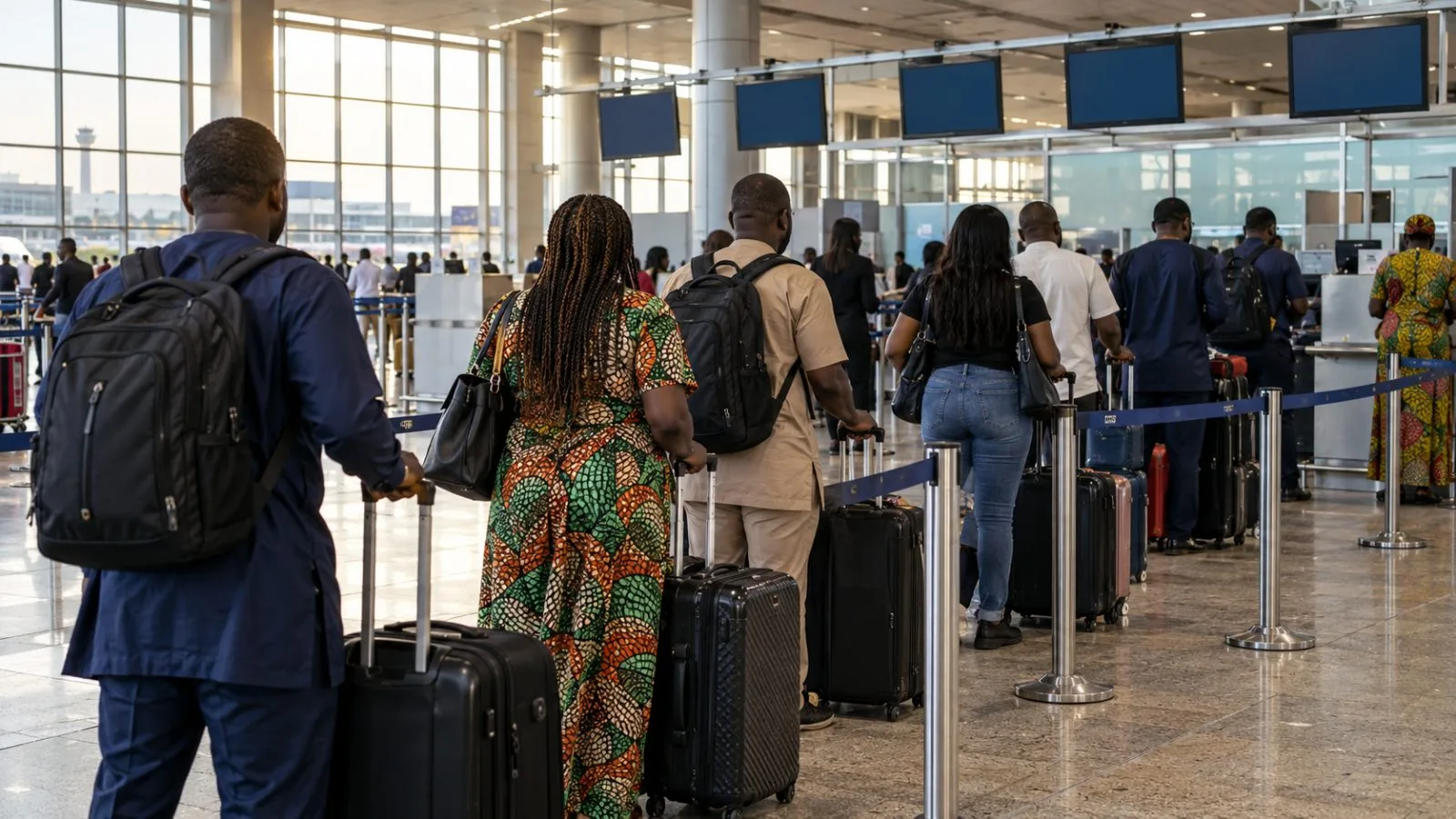 Travelers queue with luggage at Murtala Muhammed International Airport in Lagos, Nigeria (AI-generated image / EconoTimes)