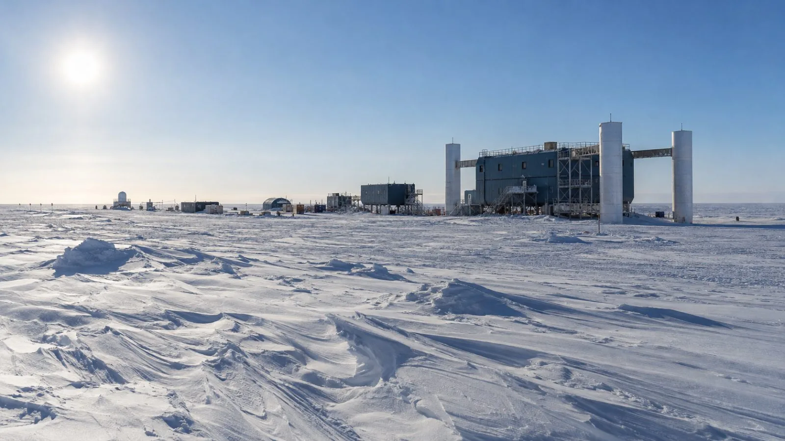 Snowbound IceCube research buildings sit beneath the pale sky at the South Pole, Antarctica. (AI-generated image / EconoTimes)