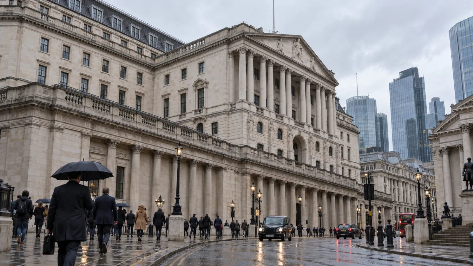 Commuters pass the Bank of England in central London on an overcast morning. (AI-generated image / EconoTimes)