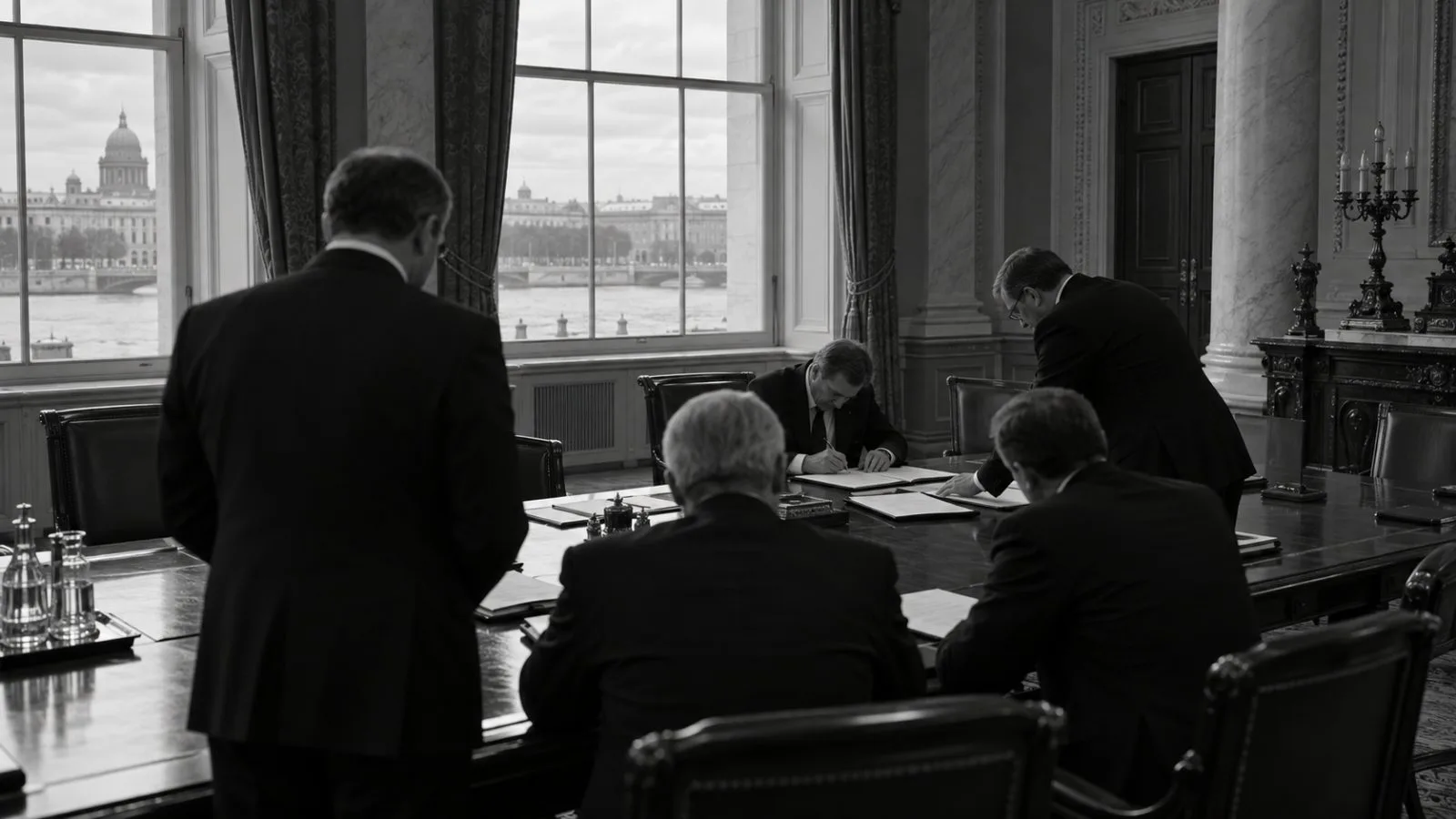 Officials gather around a conference table during talks in St. Petersburg, Russia (AI-generated image / EconoTimes)