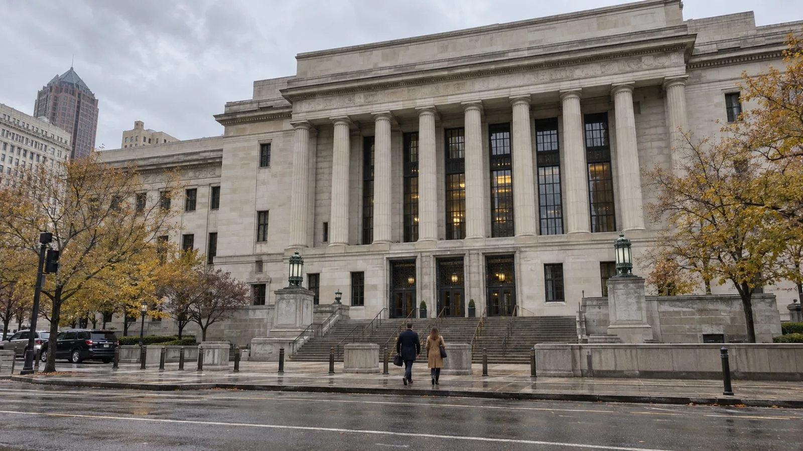Pedestrians approach the Carl B. Stokes U.S. Courthouse in downtown Cleveland, Ohio (AI-generated image / EconoTimes)