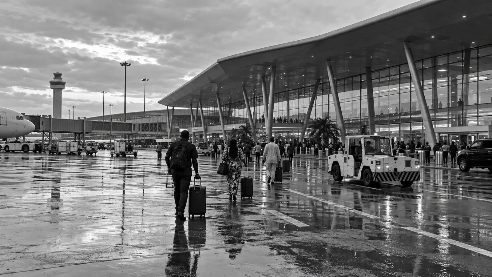 Travelers cross the forecourt outside Murtala Muhammed Airport Terminal Two in Lagos, Nigeria. (AI-generated image / EconoTimes)