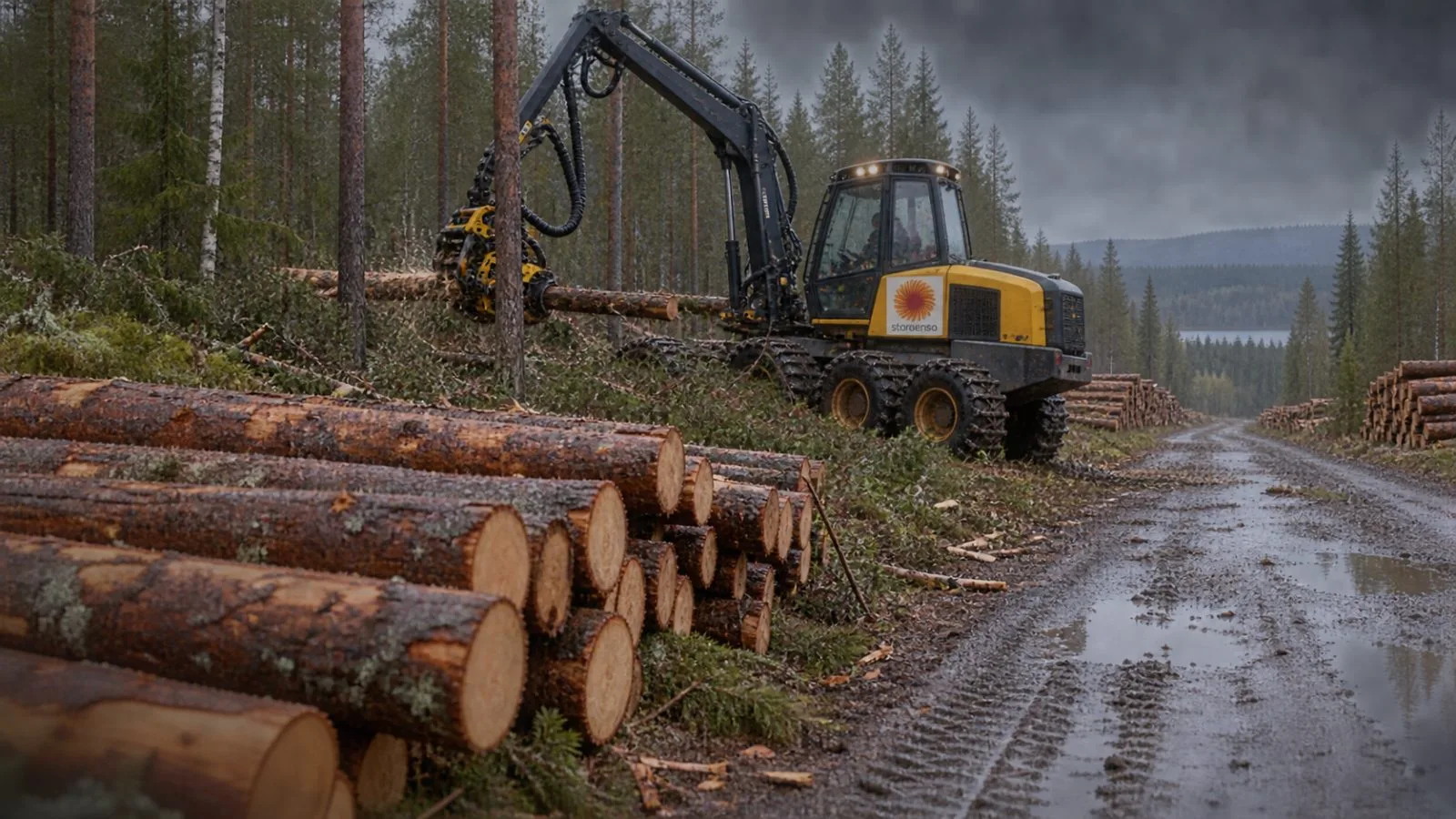 A timber harvester works among managed pine stands near Falun, Sweden. / EconoTimes.ai