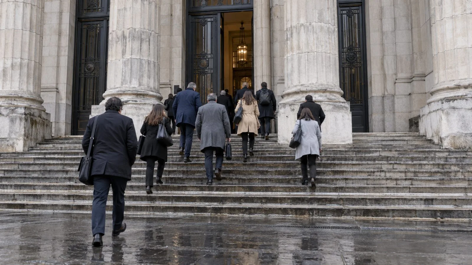 Visitors enter a federal courthouse in Buenos Aires under overcast morning light. (AI-generated image / EconoTimes)