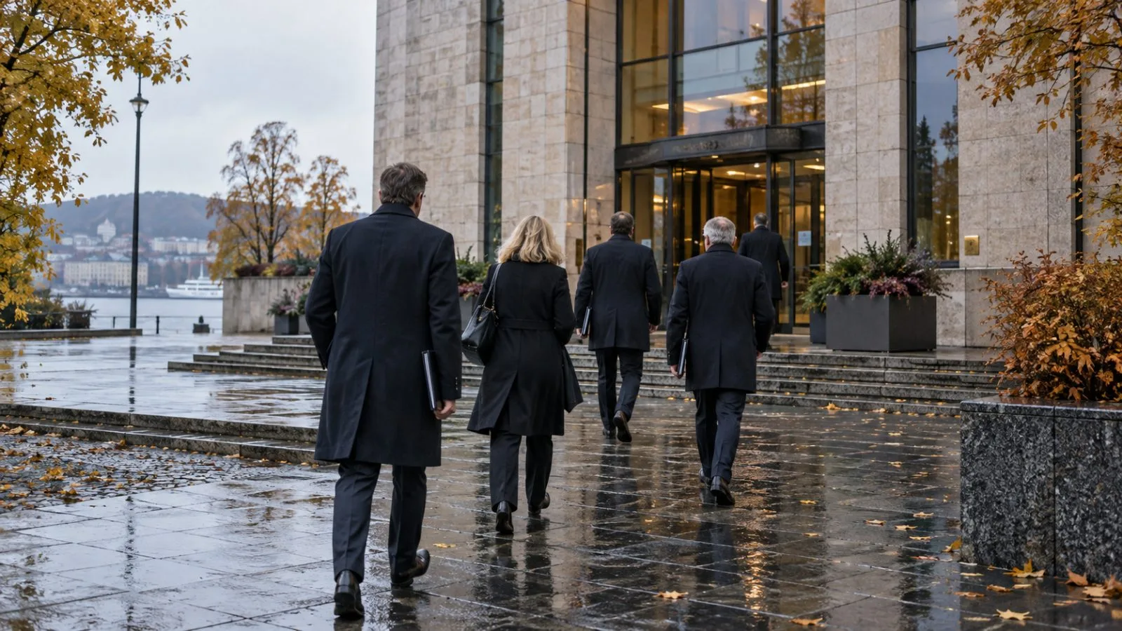 Officials enter a meeting venue in Oslo on an overcast autumn afternoon. (AI-generated image / EconoTimes)