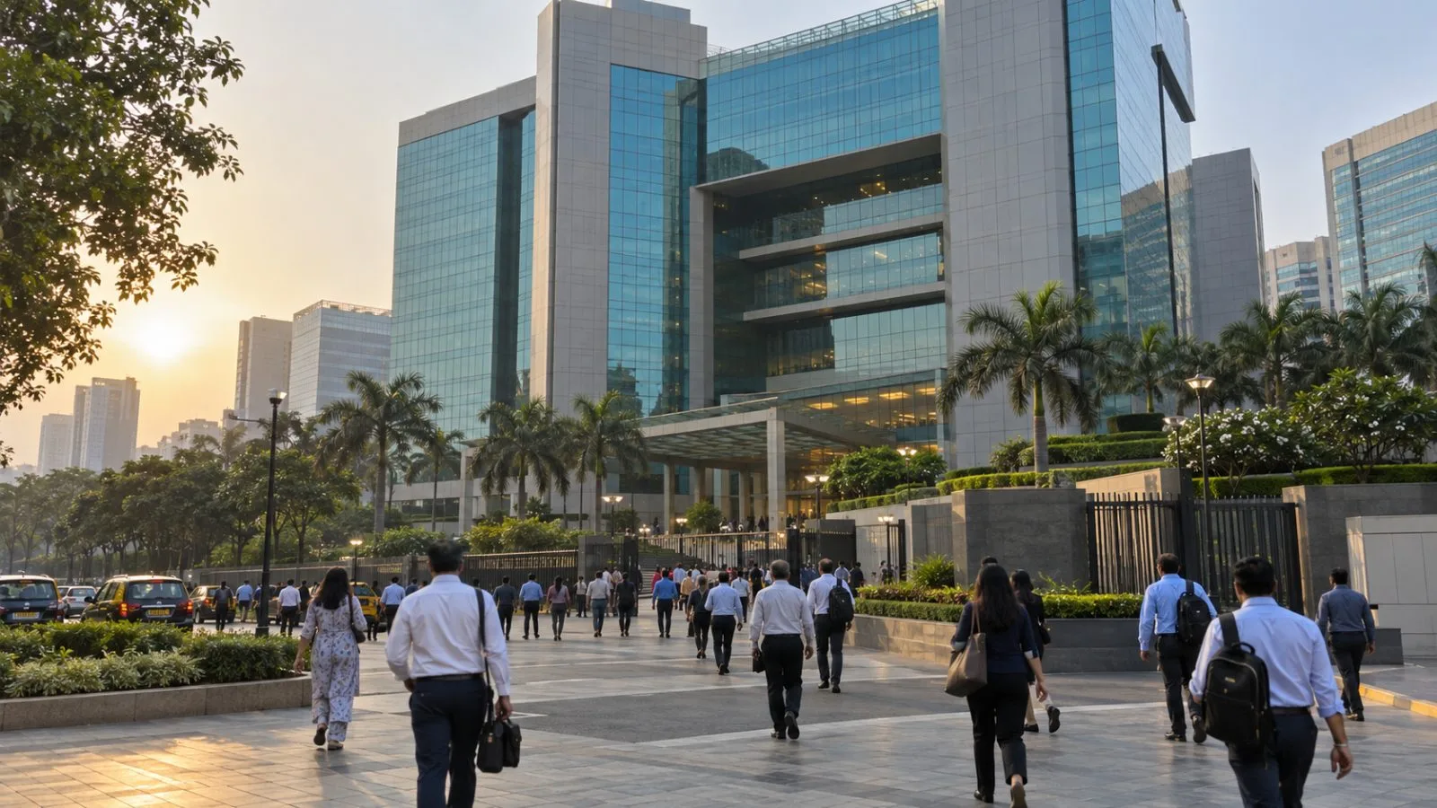 Commuters cross the forecourt outside the National Stock Exchange in Mumbai, India. (AI-generated image / EconoTimes)