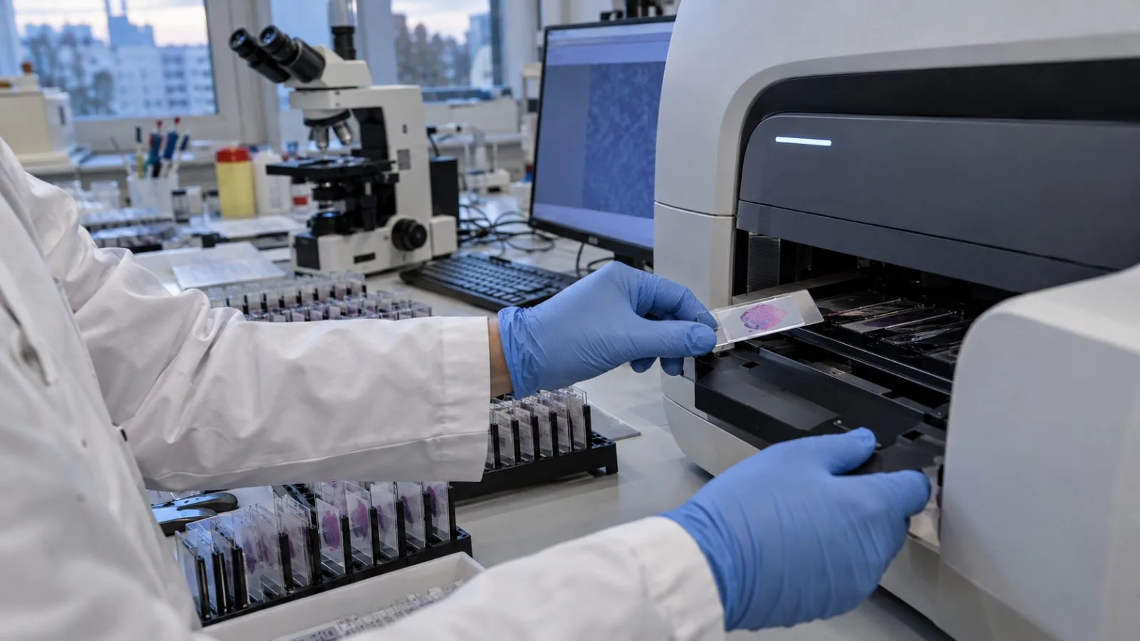 Gloved hands load an H&E-stained tissue slide into a whole-slide scanner in a Berlin pathology laboratory. (AI-generated image / EconoTimes)