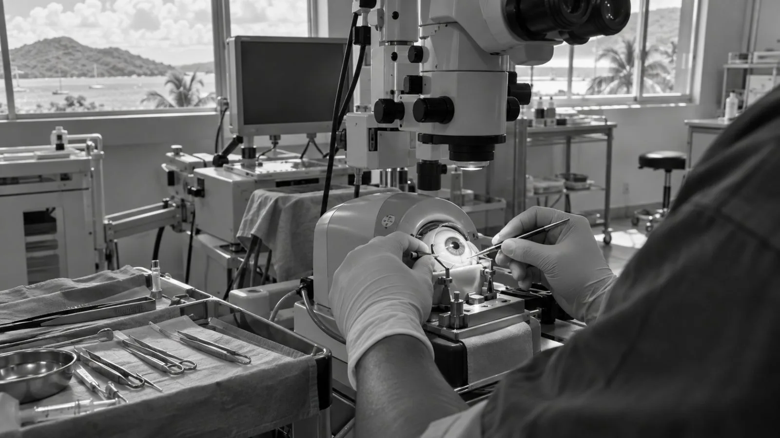 A trainee practices on a cataract surgery simulator at an eye-care training room in St. John's, Antigua and Barbuda (AI-generated image / EconoTimes)