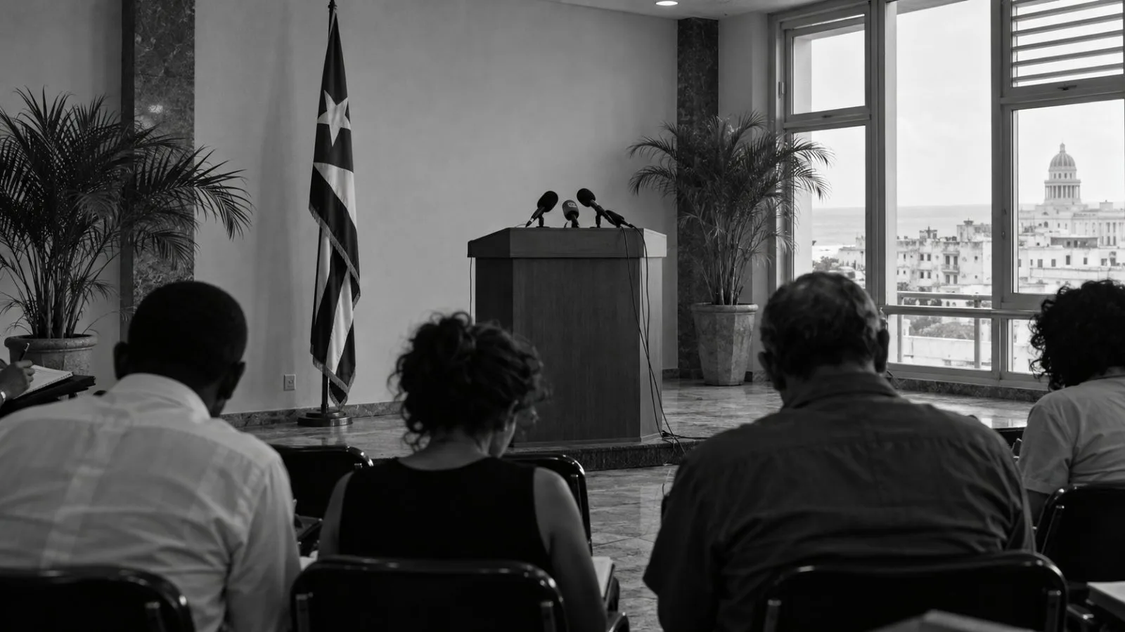 Microphones face an audience at a news conference in Havana, Cuba. (AI-generated image / EconoTimes)