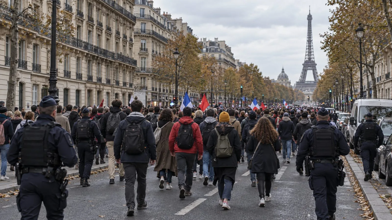Demonstrators march along a Paris street as police monitor the protest. (AI-generated image / EconoTimes)