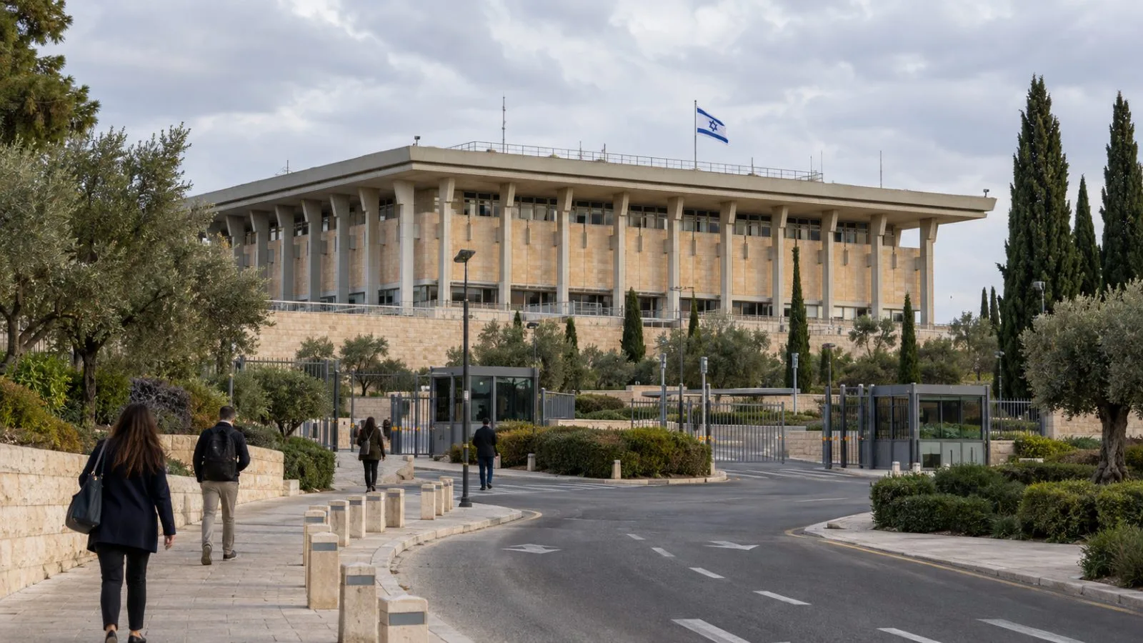 The Knesset stands beyond a perimeter road in Jerusalem under a cloudy October sky. (AI-generated image / EconoTimes)