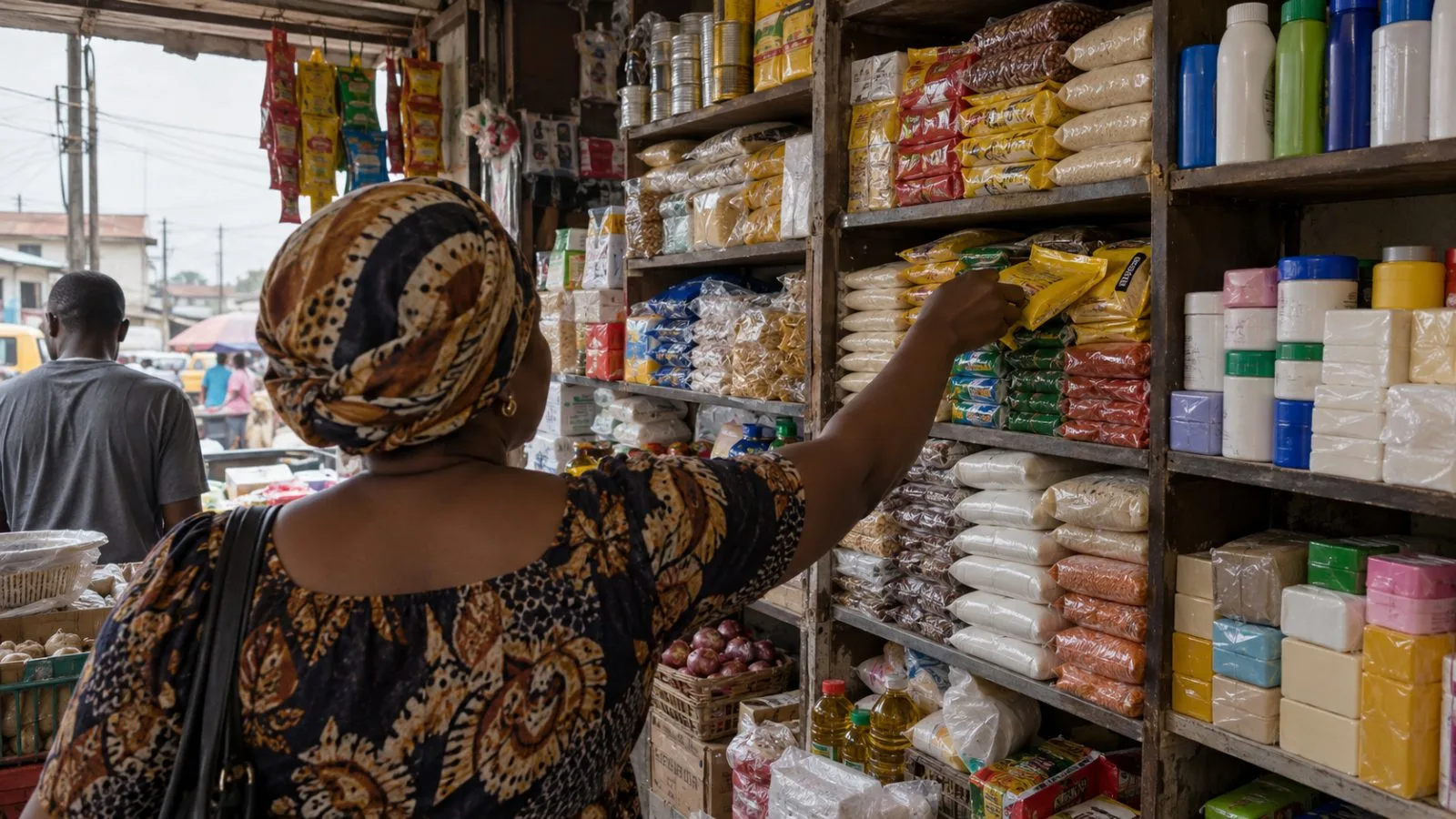 A shopper selects packaged food and personal-care goods at a neighborhood shop in Lagos, Nigeria. (AI-generated image / EconoTimes)