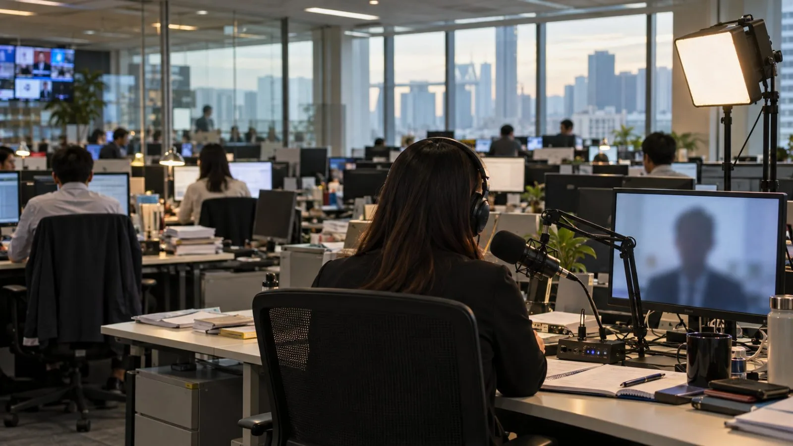 A broadcast microphone and headphones sit in a recording studio at The Straits Times newsroom in Singapore. (AI-generated image / EconoTimes)