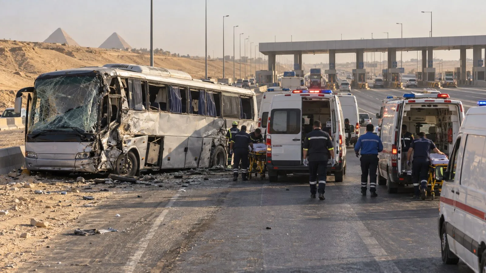 Ambulances stand beside a damaged bus near the Dahshour toll gate outside Giza. (AI-generated image / EconoTimes)