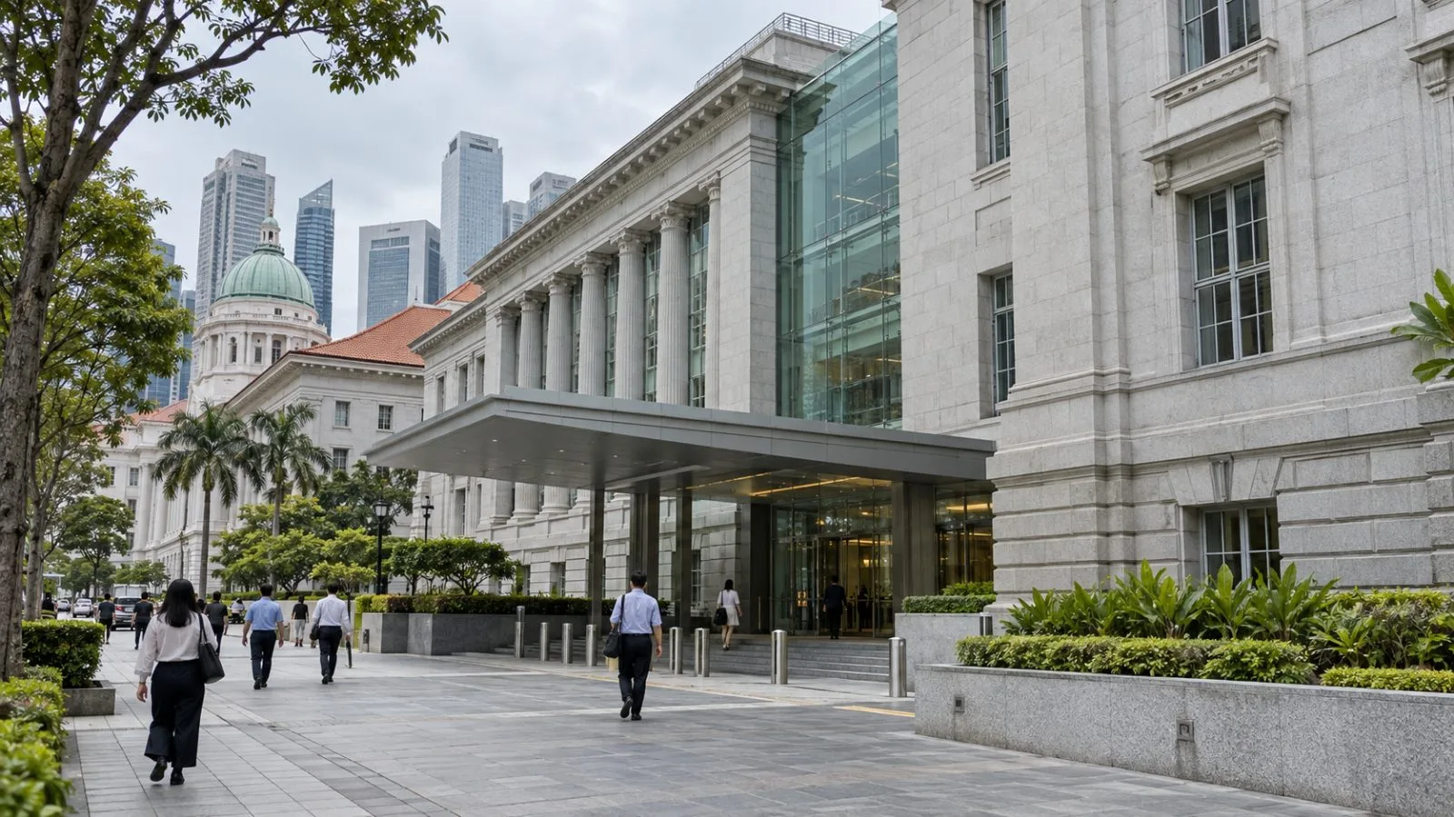 Visitors walk past Singapore’s Ministry of Law on an overcast morning. (AI-generated image / EconoTimes)