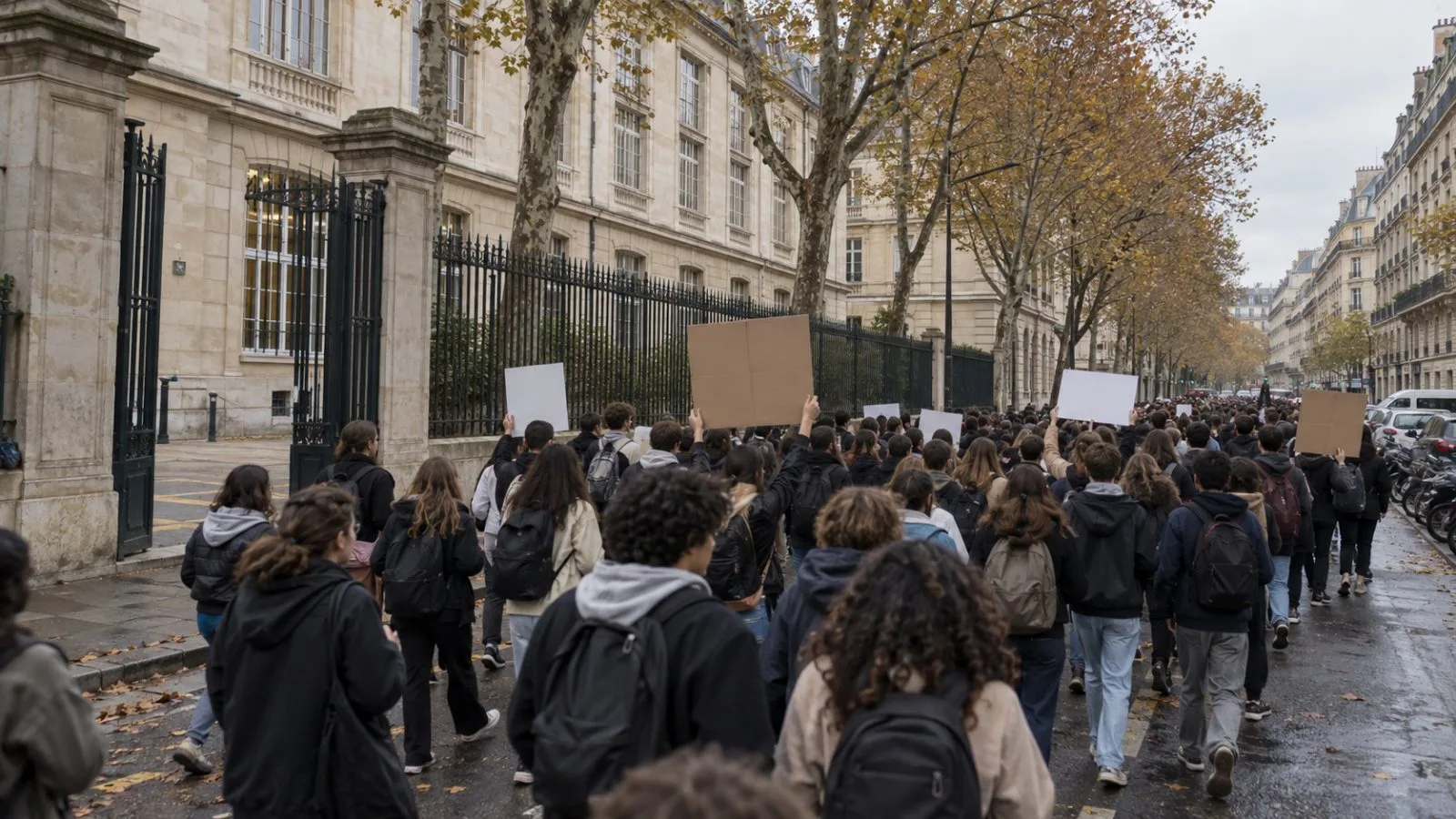Students and other demonstrators march along a Paris street during protests over living costs and education (AI-generated image / EconoTimes)